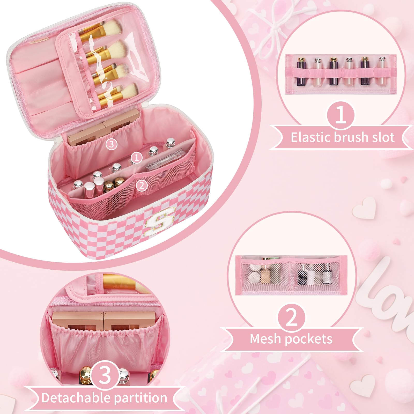 OCHEAL Makeup Bag for Women, Monogram Cosmetic Bag Pink Travel Makeup Case Beauty Toiletry Bag Organizer Personalized Gifts for Girls Bridesmaid, Sister, Wife, Friends Initial S