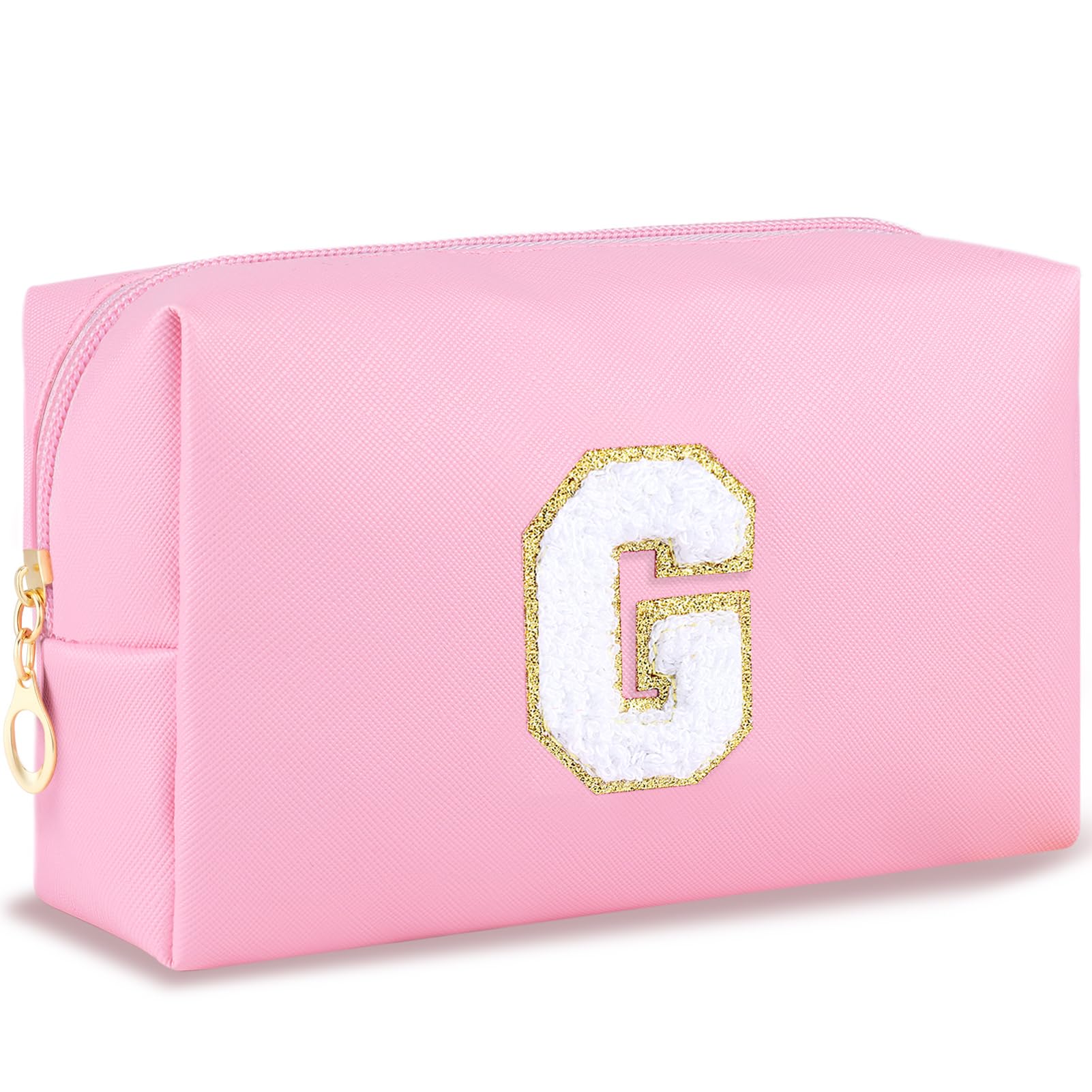 URSKYTOUS Initial Makeup Bag Personalized Preppy Travel Small Cosmetic Bag Cute PU Pink Chenille Letter Makeup Pouch for Purse Waterproof Zippered Toiletry Organizer for Women Girls Kids Friends (G)