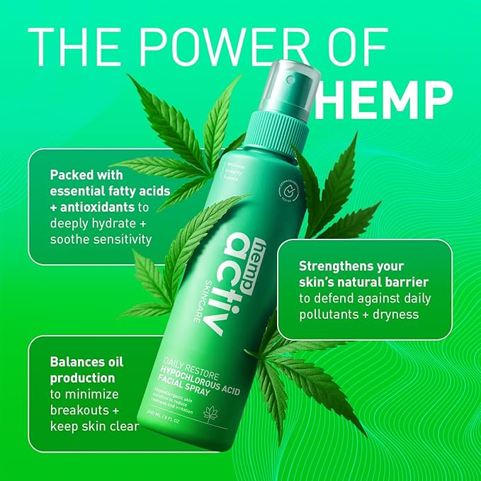 HEMPACTIV Hypochlorous Acid Spray for Face & Skin – Post-Workout Gentle HOCL Facial Cleanser for All Skin Types – After Workout Face Spray, Body Mist – Hydrating, Soothing & Calming Skincare – 8 Fl Oz