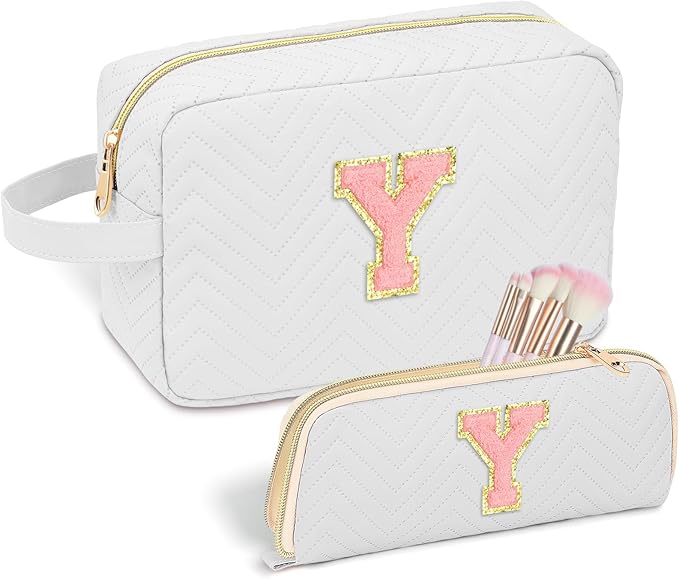 Personalized Initial Makeup Bag Trendy Stuff Leather Waterproof Cosmetic Bag Travel Toiletry Bag, Makeup Organizer Case Mother's Day/Birthday/Graduation Gifts for Women Girls Mom Girlfriend White.