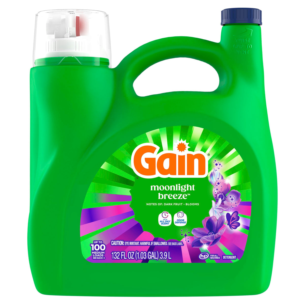 Gain Liquid Laundry Detergent with Odor Defense, Moonlight Breeze Scent, Laundry Soap For HE Washing Machines, 132 fl oz, 100 Loads (Packaging May Vary)