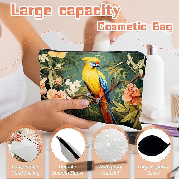 Scribesense Makeup Bag Travel Cosmetic Bags Small Makeup Case Waterproof Zipper Pouch for Women Girls 7X9inches - Colorful Bird on A Branch with Tropical Flowers