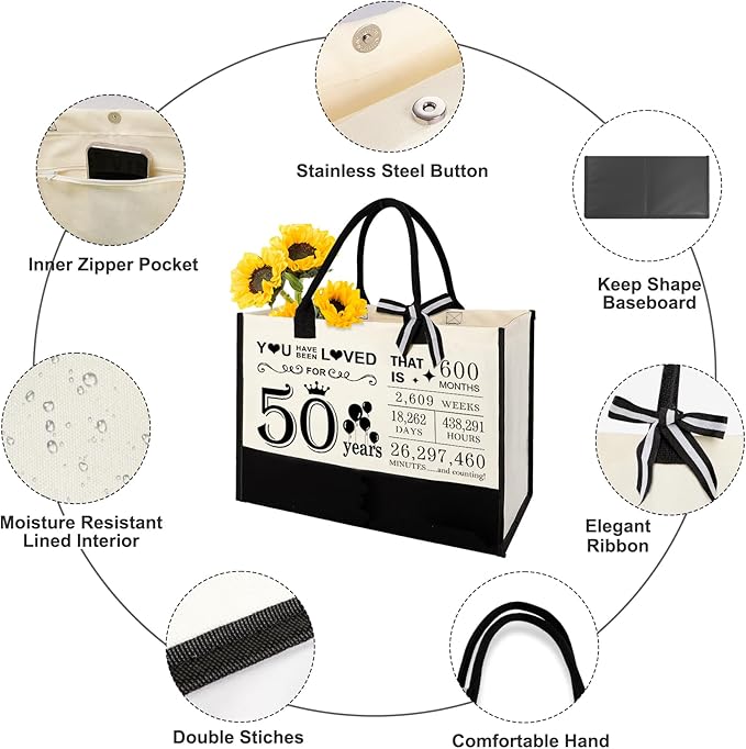 50th Birthday Gifts for Women, 50 & Fabulous Canvas Tote Bag and Makeup Bag