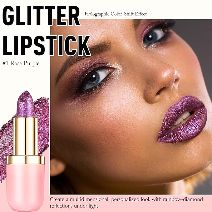 Wugbc Glitter Lipstick Makeup, Rose Purple Holographic Metallic Lip Stick Long Lasting Lightweight Non-Sticky Hydrating Lip Tinted Full Coverage High-Shine Sparkling Chameleon Lipstick for Women