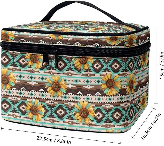 Drydeepin Navajo Aztec Tribal Sunflower Pattern Travel Makeup Bags for Women Portable Tote Cosmetic Case with Carry Handle Toiletry Accessories Storage Organizer Bags