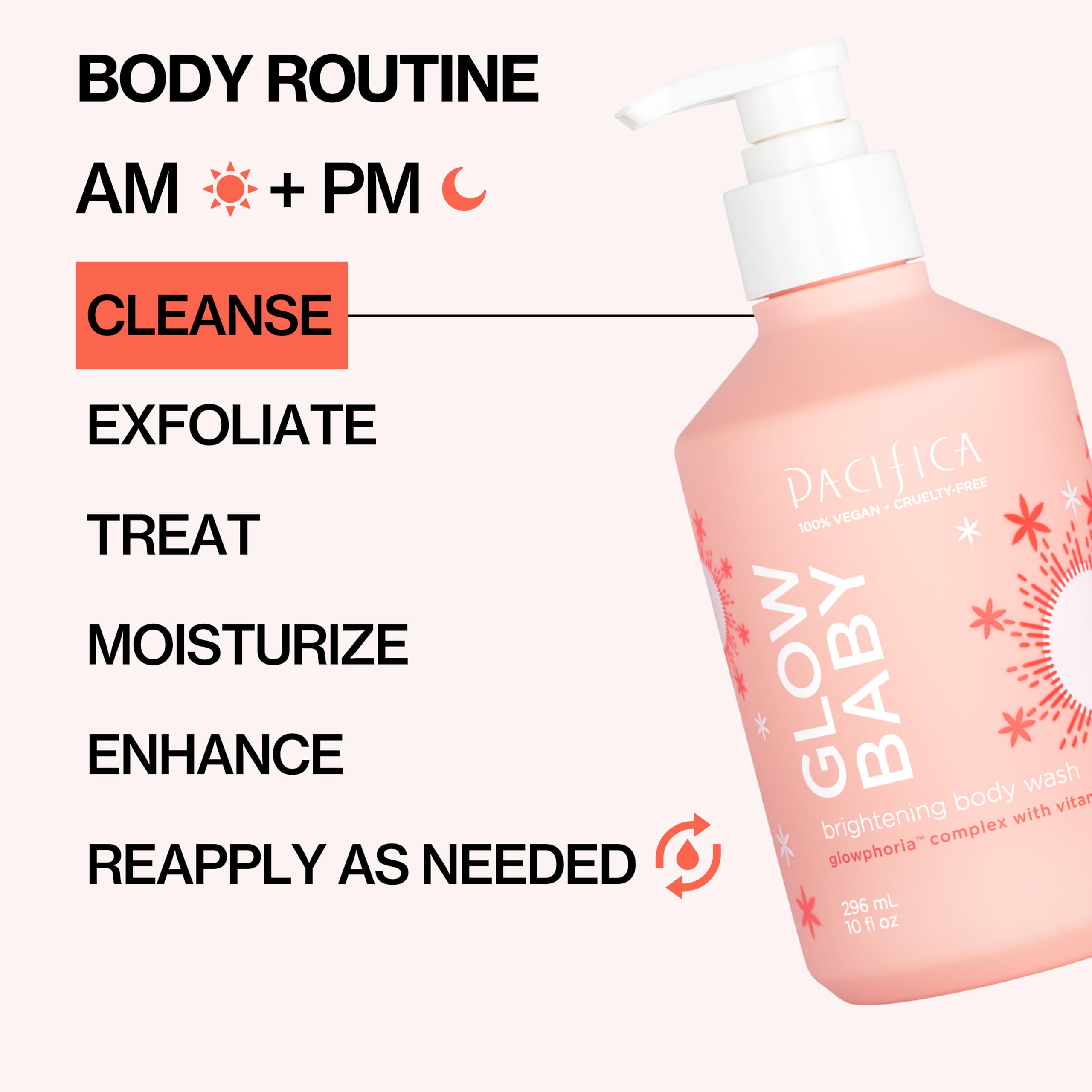 Pacifica Glow Baby Brightening Body Wash – Vitamin C & AHA Exfoliating Body Wash for Glowing Skin, Moisturizing Daily Shower Gel for Dull Dry Skin, Niacinamide & Kakadu Plum, Vegan, 10 oz