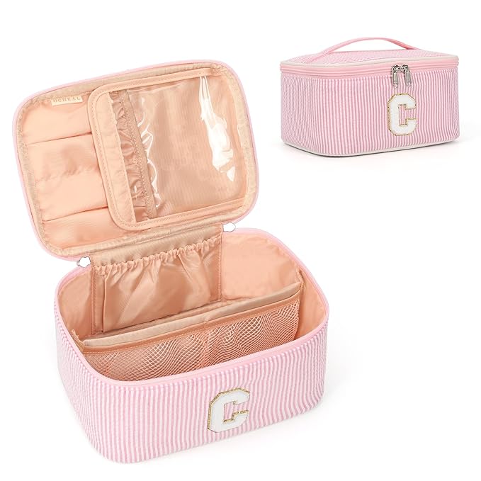 OCHEAL Makeup Bag for Women, Monogram Cosmetic Bag Pink Travel Makeup Case Beauty Toiletry Bag Organizer Personalized Gifts for Girls Bridesmaid, Sister, Wife, Friends Initial C