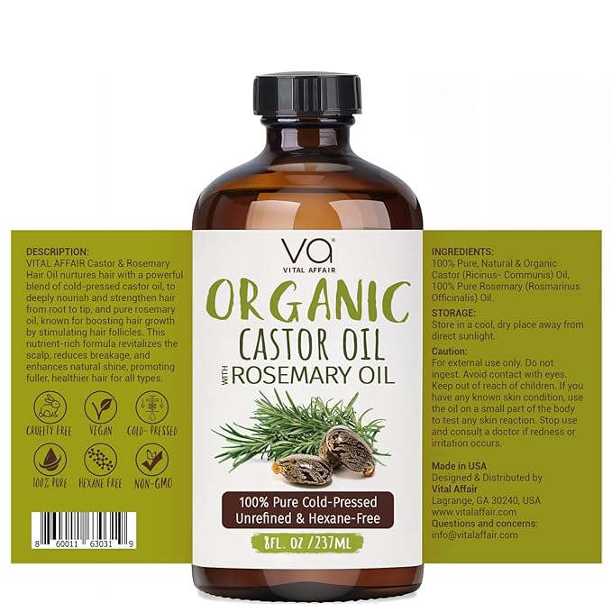 Organic Castor Oil with Rosemary Oil 8oz Glass Bottle For Hair Growth