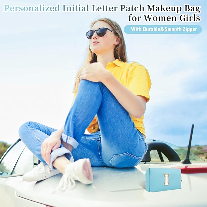 Personalized Initial Letter Patch Makeup Bag, Preppy Portable Chenille Letter Cosmetic Bag with Zipper, PU Leather Waterproof Travel Toiletry Bag Monogram Make Up Pouch for Women Girls(Letter I)