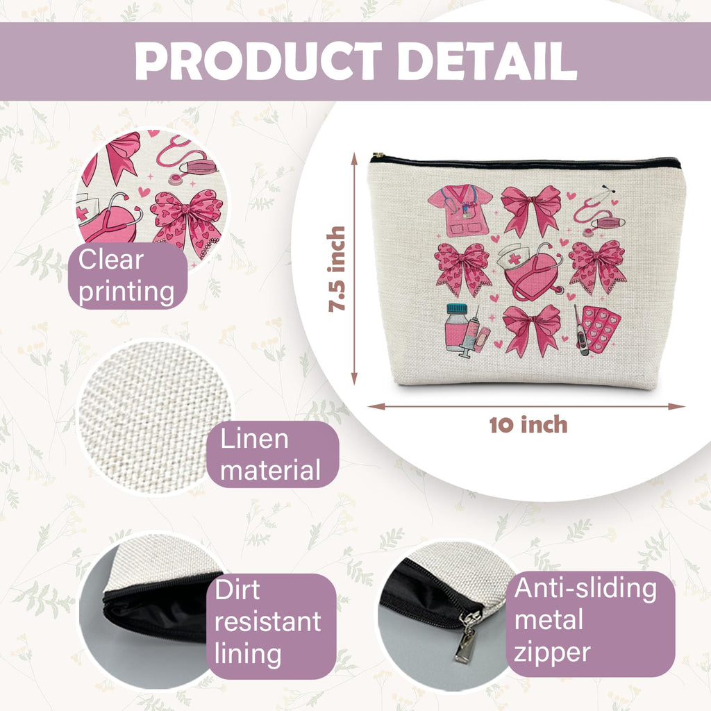 RYYCDOI Coquette Pink Bow Nurse Makeup Bag, Nurse Gifts for Women Cosmetic Bags, Nurse Week Gifts Makeup Pouch, Nurse Appreciation Gifts Zipper Pouch