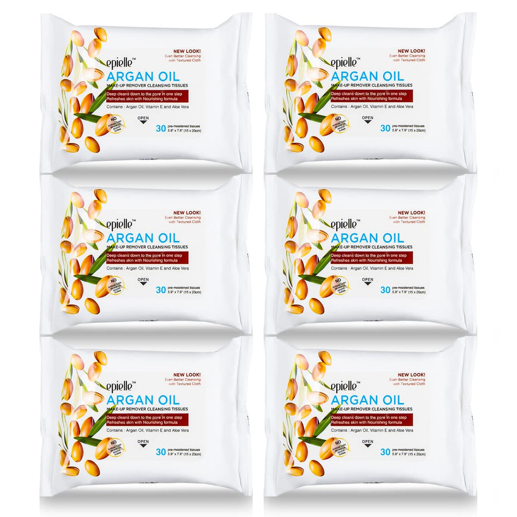 Epielle Argan Oil Makeup Remover Wipes, Gentle Daily Facial Cleanser Towelettes, Remove Dirt, Oil & Waterproof Mascara, Hypoallergenic & Alcohol-Free, 30 Count (Pack of 6)
