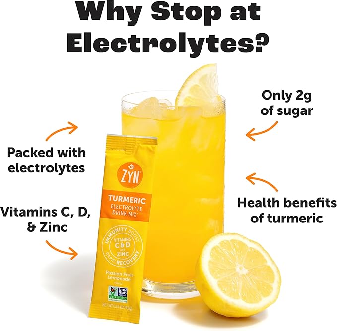 ZYN Electrolyte Drink Mix Hydration Packets, Passion Fruit Electrolytes Powder, Hydration Packets w/Turmeric Curcumin, Vitamin C & D, Zinc, Hydrate & Recover Electrolyte Powder, Pack of 16