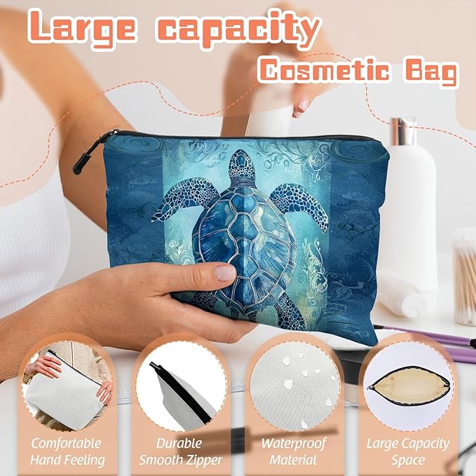 Scribesense Cosmetic Bags Travel Makeup Toilet Case Waterproof Pouch for Women Girls 6.7X9.45inches - Blue Sea Turtle With Ornamental Patterns