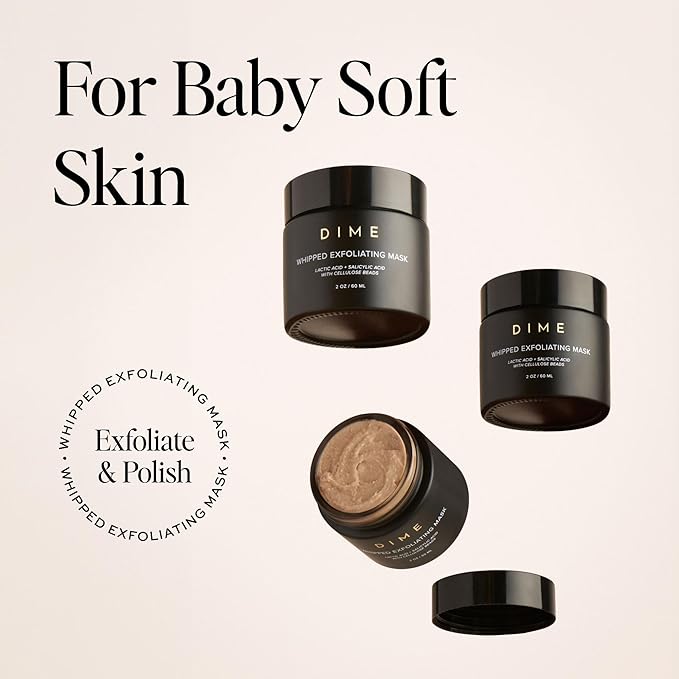 DIME Beauty Whipped Exfoliating Face Mask - Gentle Scrub with Salicylic Acid, Lactic Acid and 3-Size Cellulose Beads, Pore Cleansing, Smoothing Facial Exfoliator - 2 oz / 60 ml