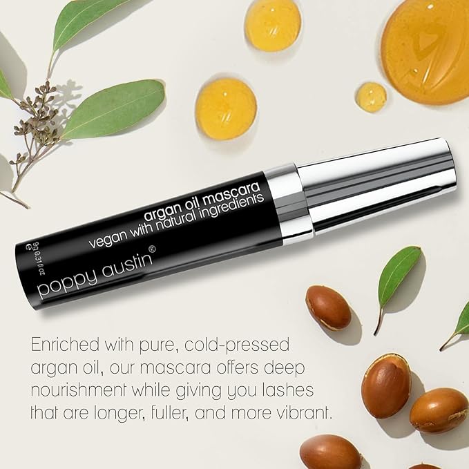 Poppy Austin Organic Waterproof Mascara, Natural, Vegan, Paraben-Free, Cruelty-Free - Hypoallergenic Mascara Lengthening & Volumizing with Argan Oil - 0.31 Fl Oz (Black)