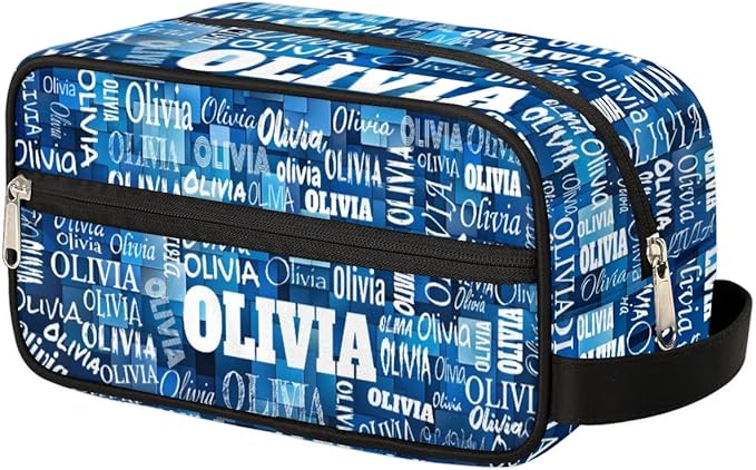 KFNHN Custom Name Makeup Bag Travel Toiletry Bag, Blue Geometric Pattern