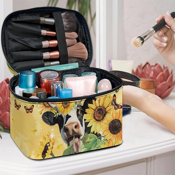 Drydeepin Cute Sunflower Cow Print Travel Makeup Bag for Women Yellow Large Capacity Cosmetic Bag with Zipper and Handle Portable Brushes Case Toiletry Bag Make Up Organizers and Storage Bags