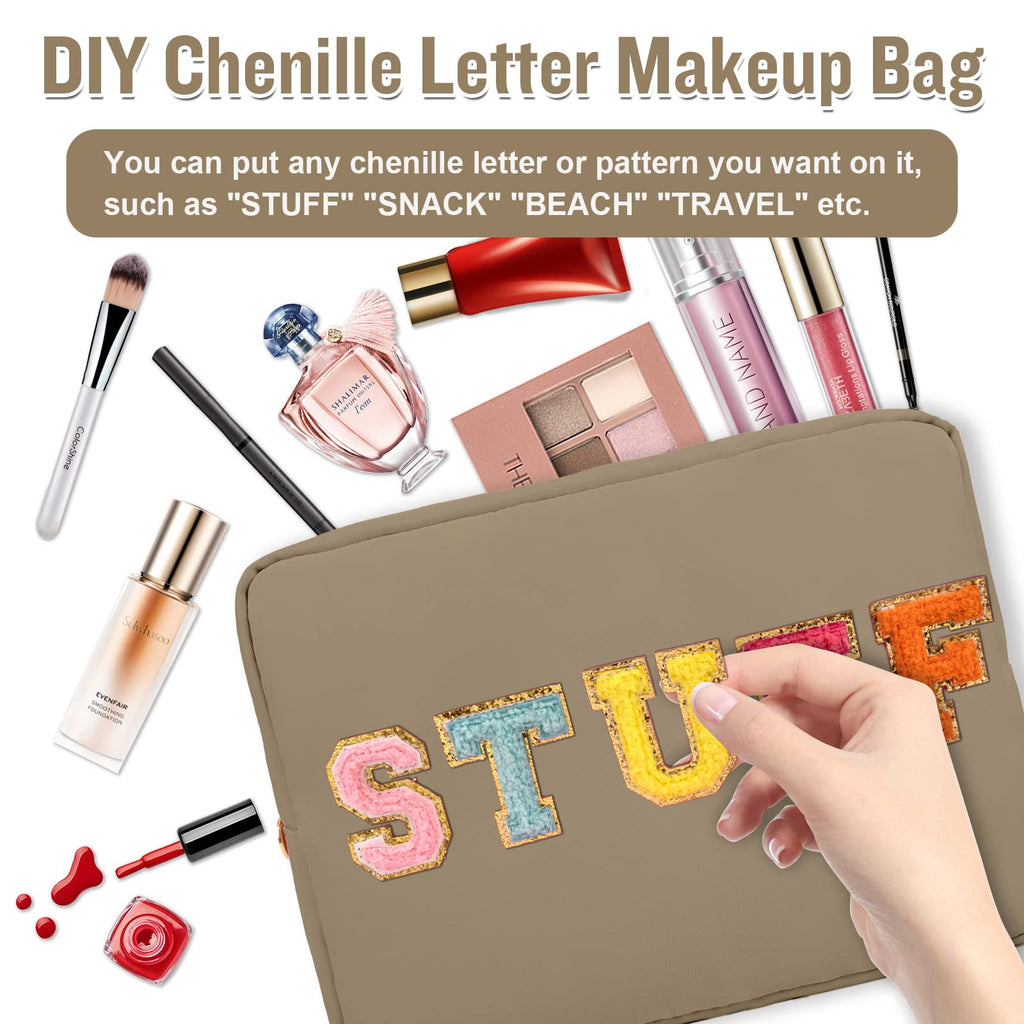 Nylon Large Makeup Bag Travel Pouch for Women, Preppy Big Makeup Bag Cute Cosmetic Zipper Pouch Purse, DIY Chenille Letter Bag Waterproof Toiletry Bag Clutch Make Up Organizer for Women Girls(Khaki)