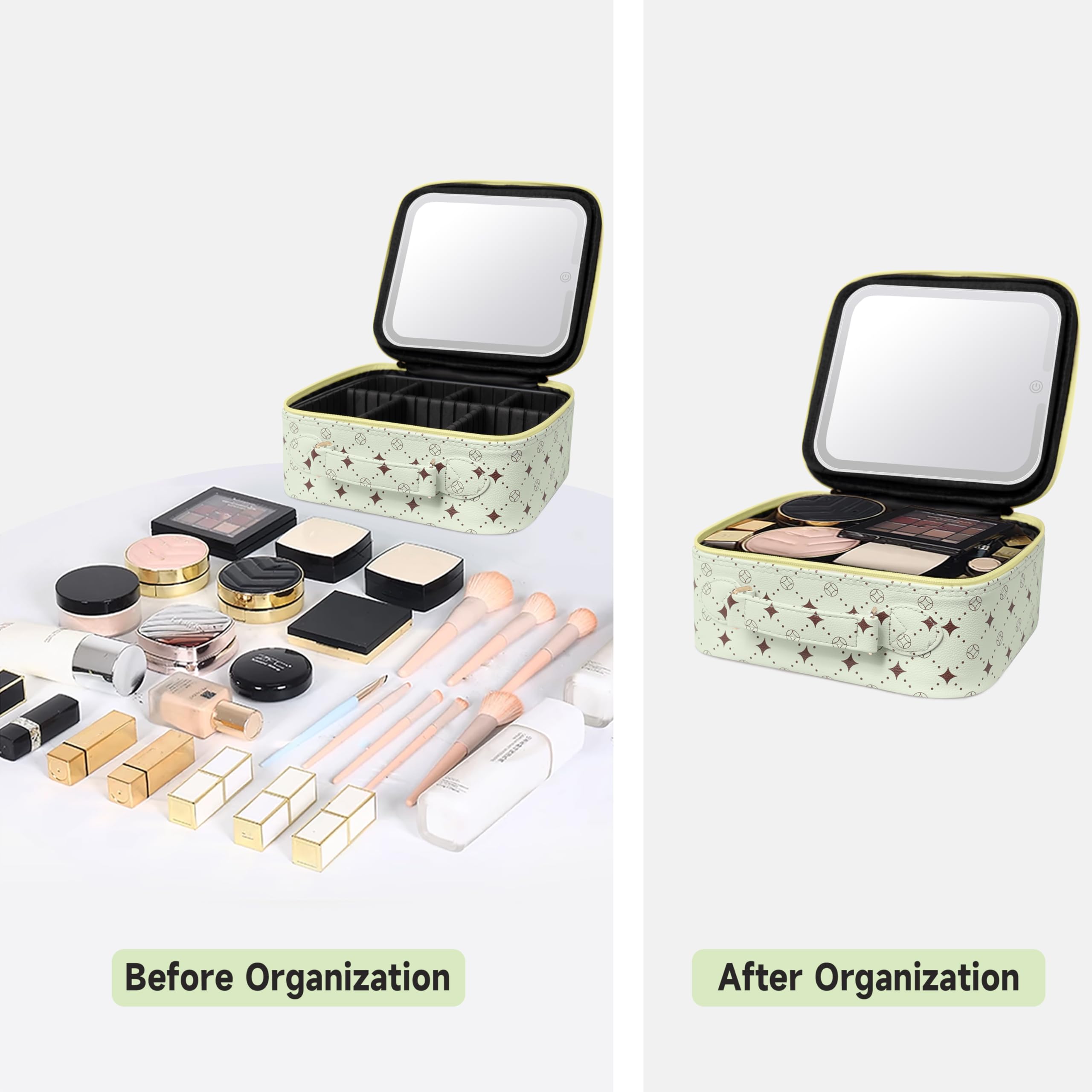 Travel Makeup Bag With 360° rotating LED Mirror,Waterproof cosmetic organizer,Portability Cosmetic case,Makeup organizer,Gift for Women,Girls Gift (Green+Yello)