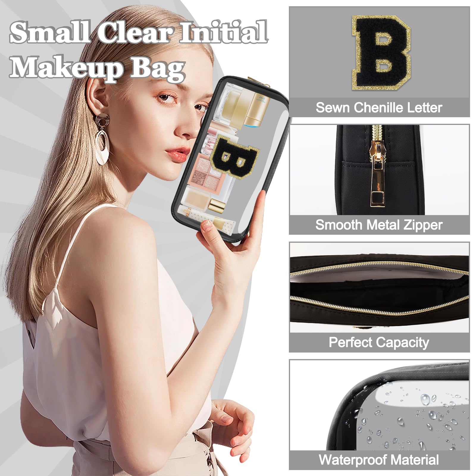 Small Clear Personalized Initial Makeup Bag,Nylon Preppy A-Z Chenille Letter Patch Cosmetic Pouch Beach Toiletry Bag,Waterproof Zipper Travel Purse Storage Bag Organizer for Women Girls(Black-Black B)