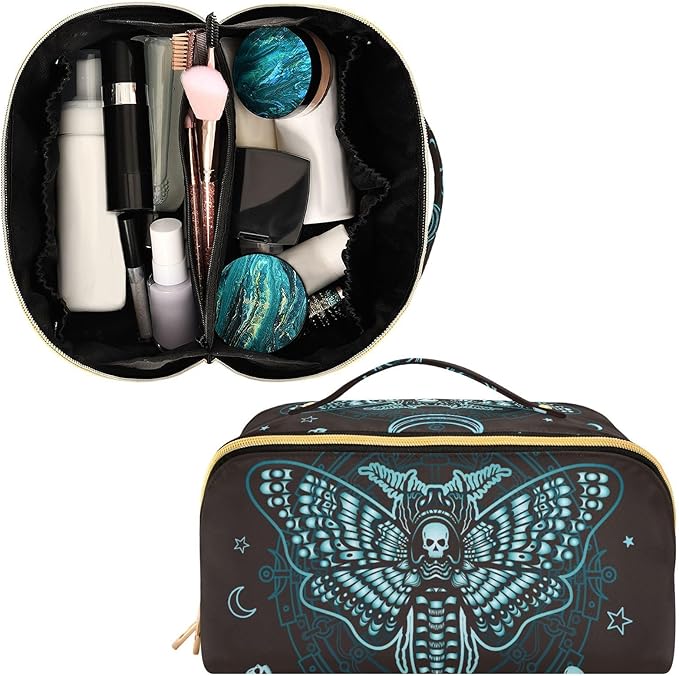 MNSRUU Makeup Organizer Bag, Gothic Skull Butterfly Travel Makeup Bags Makeup Vanity Case Large Capacity Rhombus Cosmetic Toiletry Bag for Girl Women Ladies