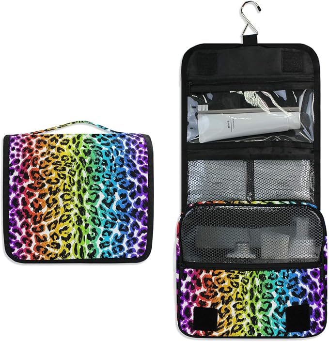 senya Hanging Travel Toiletry Bag Kit Makeup Case Cosmetics Organizer for Men Women (Rainbow Leopard Animal Print)