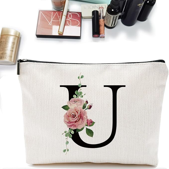 Comanro Initial A-Z Personalized Letter Makeup Bag, Monogrammed Bridesmaid Gifts Presents Cosmetic Bag, Portable Stationery Storage Organizer Pouch, Friendship Love Travel Makeup Bags