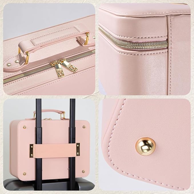 ZhenGuiRu Leather Makeup Bag with Lighted Mirror, 11.5'' Travel Makeup Organizer Bag with Adjustable 3 Colors Light and Dividers, Cosmetic Organizer Artist Storage Bag Pink
