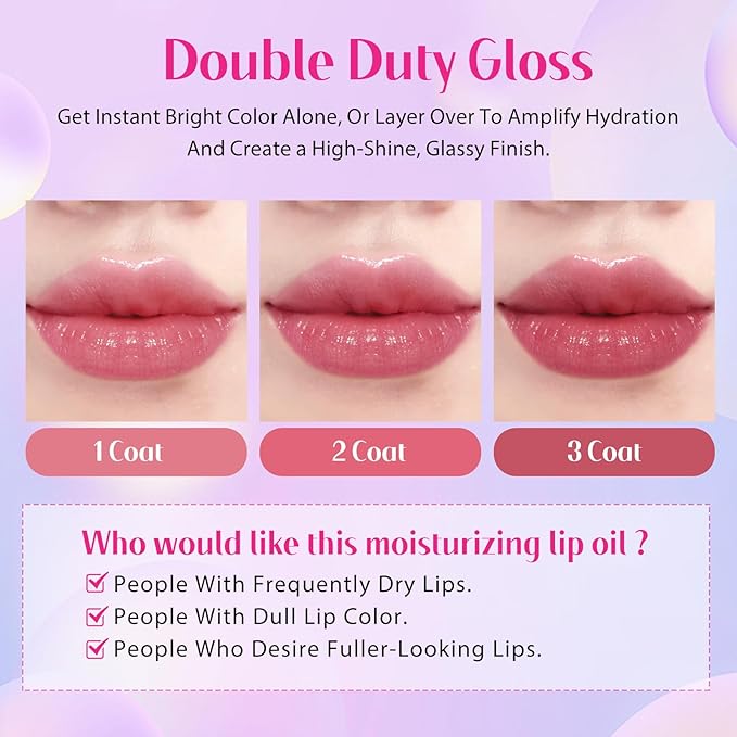 bayfree Tinted Lip Oil Stain Set 4 Shades, Non-Sticky Long-Lasting Hydrating High Shine Lip Gloss with Vitamin E, Fragrance-Free Vegan Korean Liptint for Dry Lips, Under Lipstick & Daily Wear