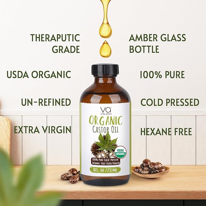Castor Oil Organic Cold Pressed Glass Bottle 8oz For Hair Growth, Eyebrow