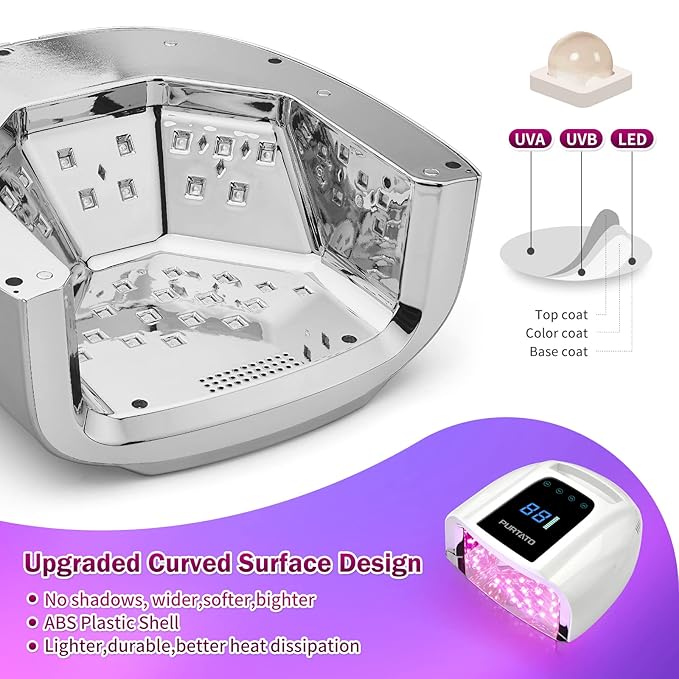 PURTATO Professional Rechargeable 96W UV LED Portable Cordless UV Light for Nail Lamp Machine with Removable Stainless Steel Bottom,4 Timer Setting and Smart Sensor Nail Dryer (White)
