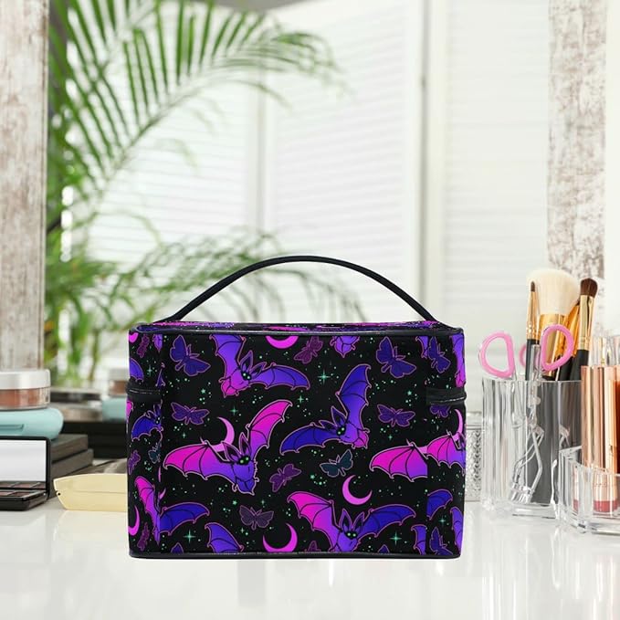 MNSRUU Goth Makeup Bag, Purple Bat Gothic Butterfly Makeup Organizer Bags Toiletry Bag Box Travel Cosmetic Bag Make Up Train Case for Women Teen Girl Ladies