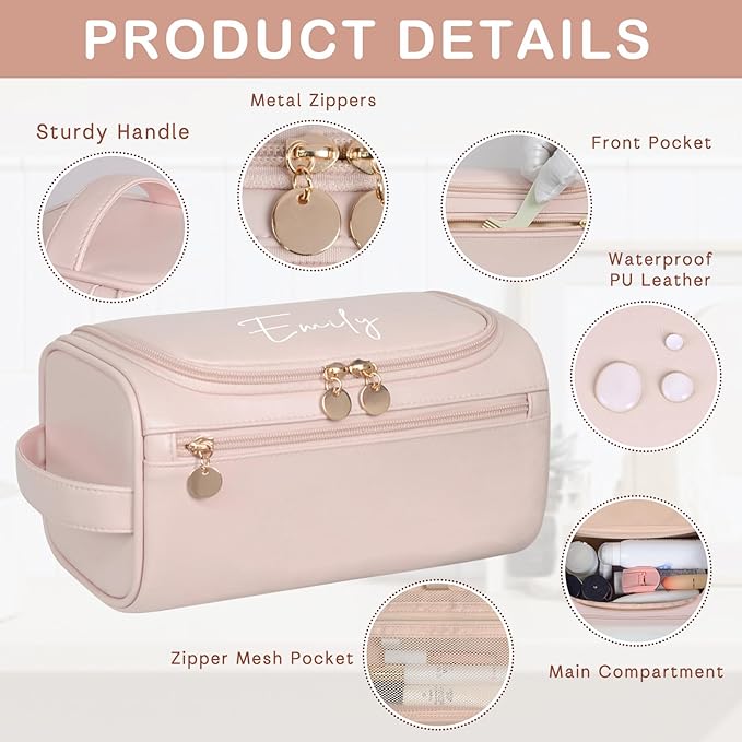 Dazurea Personalized Makeup Bag for Women, Printed Initials Name Cosmetic Bag with Handle, Customized PU Leather Travel Toiletry Bag for Girls, Gifts for Bridesmaid, Daughter, Wife, Mothers Day