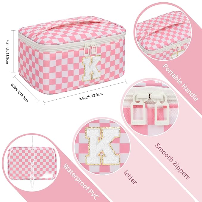 OCHEAL Makeup Bag for Women, Monogram Cosmetic Bag Pink Travel Makeup Case Beauty Toiletry Bag Organizer Personalized Gifts for Girls Bridesmaid, Sister, Wife, Friends Initial K