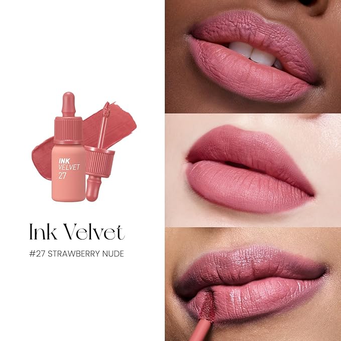 Peripera Ink The Velvet Lip Tint | Highly Pigmented, Longwear & Weightless Lip Tint | Smudge-Proof, Buildable Color for Lips & Cheeks | K-Beauty Makeup, Safe for Sensitive Lips (027 STRAWBERRY NUDE)