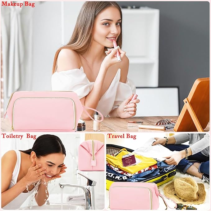 Fammart Travel Makeup Bag, Wide-open Cosmetic Bag Make Up Organizer Case with Brushes Pocket for Women, Large Family Toiletry Bag Skincare Pouch for Toiletries Accessories