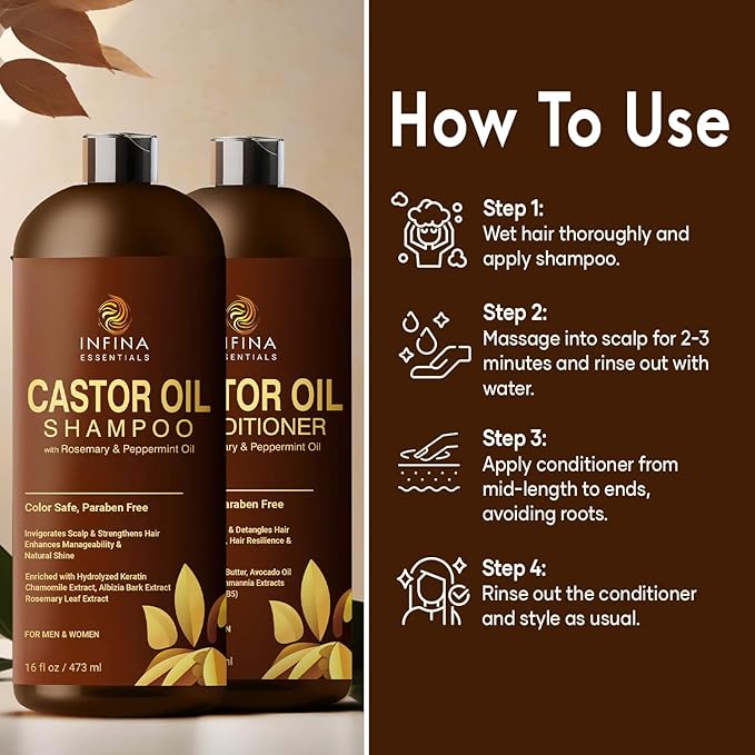 Castor Oil Shampoo and Conditioner Set for Hair Growth, 16 fl oz