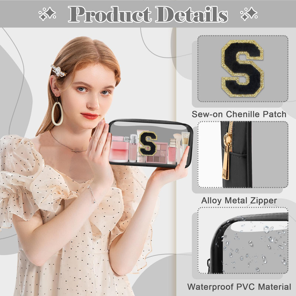 UIXIZQ Personalized Initial Letter Clear Makeup Bag,Preppy Small Nylon&PVC Cosmetic Zipper Bag with Chenille Letter,Travel Skincare Toiletry Bag,Monogram Christmas Gift for Teen Girls Women,S