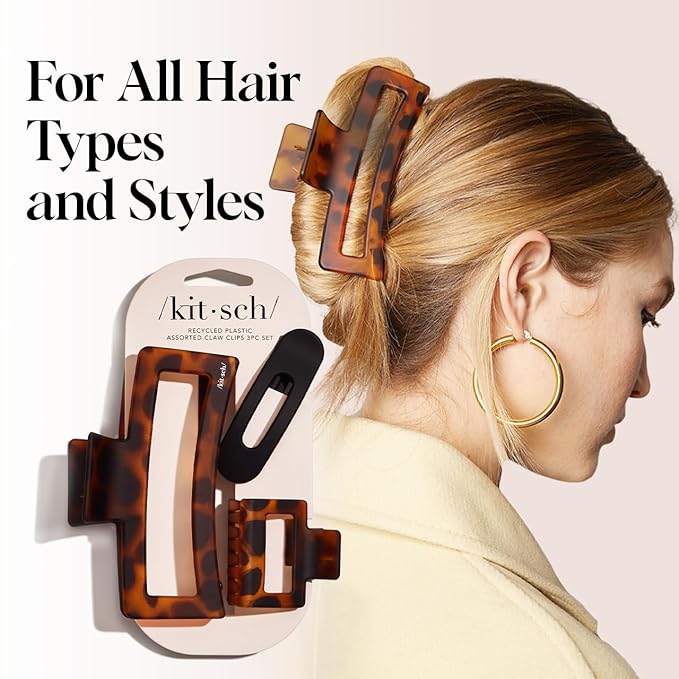 Kitsch Assorted Hair Clips for Women - Black & Tortoise, 3 Pcs