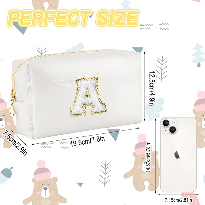 URSKYTOUS Gifts for Girls Initial Makeup Bag Personalized Cosmetic Bag with Zipper Cute Travel Toiletry Bags Waterproof PU Preppy Makeup Pouch Birthday Gift for Teen Girls Women(White A)
