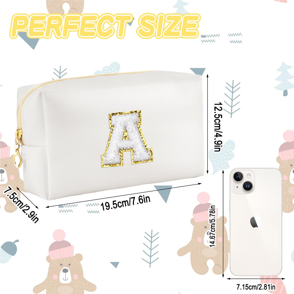 URSKYTOUS Gifts for Girls Initial Makeup Bag Personalized Cosmetic Bag with Zipper Cute Travel Toiletry Bags Waterproof PU Preppy Makeup Pouch Birthday Gift for Teen Girls Women(White A)