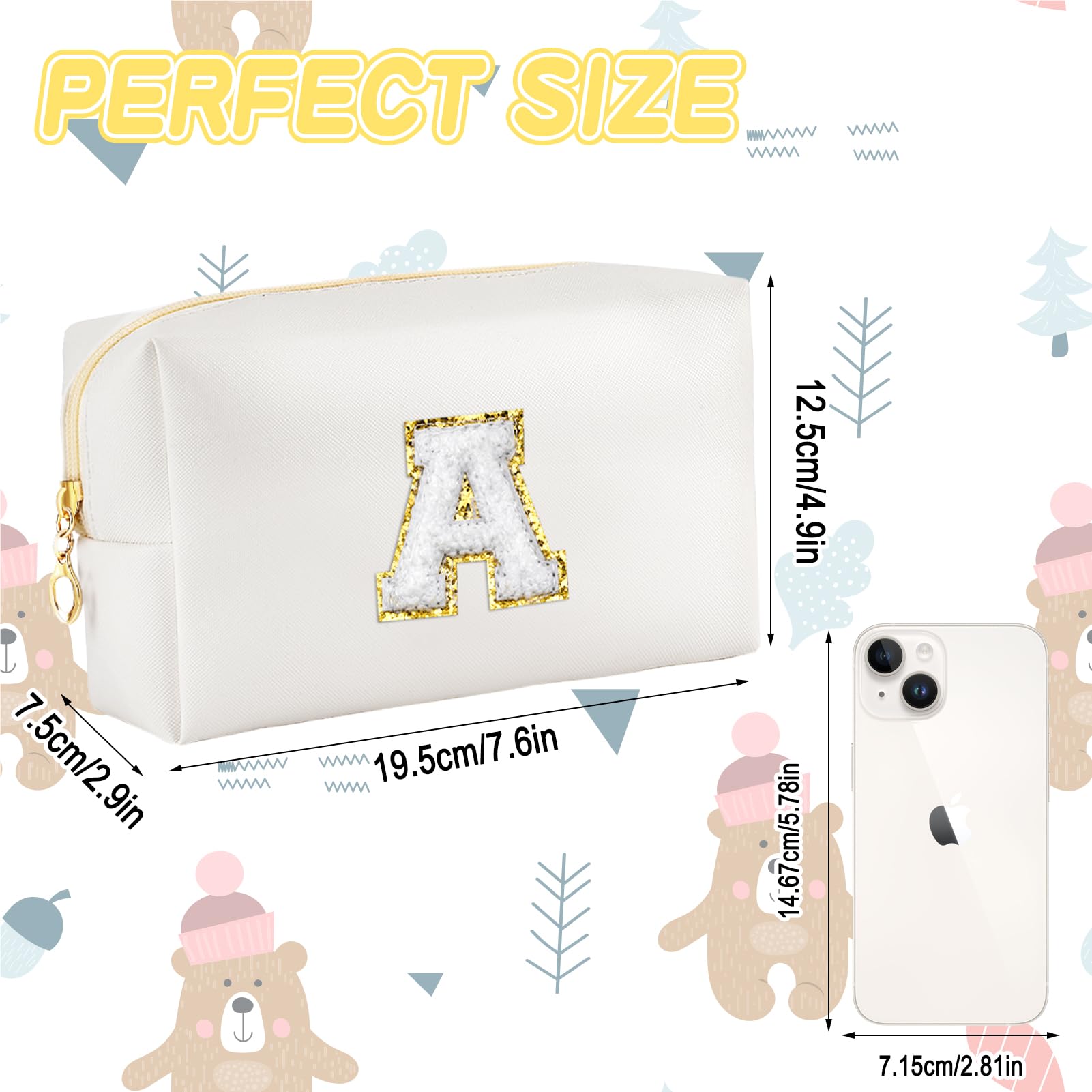 URSKYTOUS Gifts for Girls Initial Makeup Bag Personalized Cosmetic Bag with Zipper Cute Travel Toiletry Bags Waterproof PU Preppy Makeup Pouch Birthday Gift for Teen Girls Women(White A)