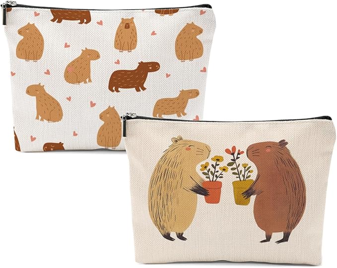 XFN Capybara Gifts, 2 Pcs Cute Makeup Bag, Capybara Stuff Cosmetic Bag Travel Pouch, Friendship Graduation Birthday Animal Lovers Gifts for Women Girls Daughter Friend Niece Sisters