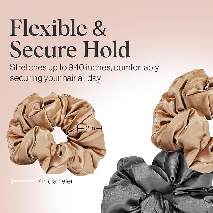 Kitsch Pillow Satin Scrunchies for Women - Charcoal & Gold, 2pcs