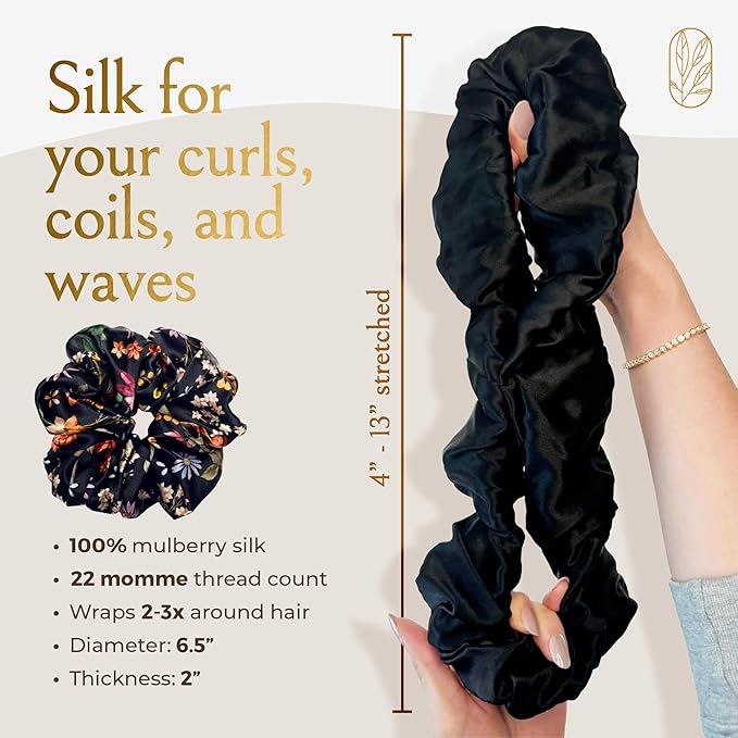 Curlfriend Oversized Mulberry Silk Scrunchies, XL, Midnight Blooms
