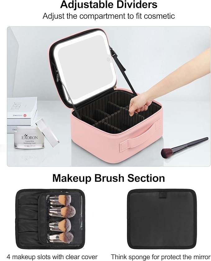 Chomeiu Makeup Bag with LED Mirror, Cute Cosmetic Bags for Women and Girls, Travel Train Case Artists Organizer Large Make Up Bags with 3 Color Light Up Mirror & Removable Brush Compartment, Pink
