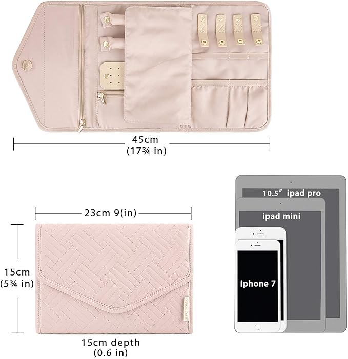 BAGSMART Travel Jewelry Organizer Roll Foldable Jewelry Case,Soft Pink