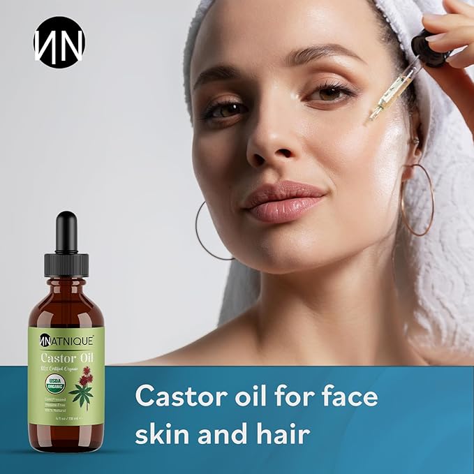 Natnique Castor Oil – USDA Certified Organic, 100% Pure Cold Pressed Unrefined Oil for Hair Growth, Eyelashes, Eyebrows & Scalp – Natural Skin Moisturizer, Lash Serum & Hair Treatment (4 oz)
