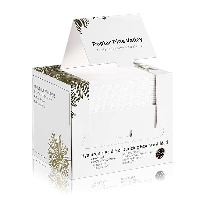Poplar Pine Valley Disposable Face Towels XL, Makeup Remover Dry Wipes, Hyaluronic Acid Added, Cleansing and Moisturizing, Skin Care, Cotton, Thick Soft, Travel, 50 Ct, 1 Pack, White
