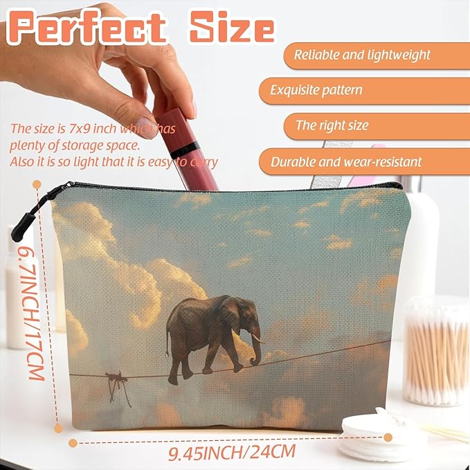 Scribesense Cosmetic Bags Travel Makeup Toilet Case Waterproof Pouch for Women Girls 6.7X9.45inches - Elephant'S Aerial Adventure on A Thin Rope